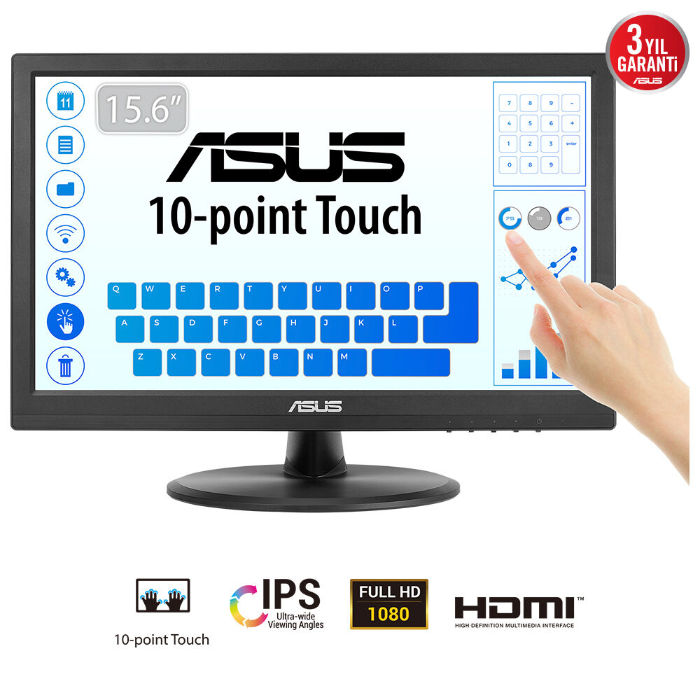 ASUS VT169HE 15.6" 1920x1080 VGA/HDMI DOKUNMATİK SİYAH IPS LED MONITOR