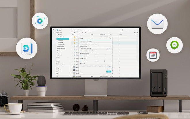 Synology Drive, Office, Drive, MailPlus, Calendar ve Chat simgelerini gösteren resim